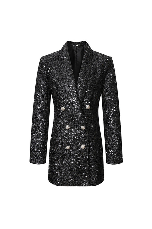 Sparkly Lapel Long Sleeve Double Breasted Longline Sequin Party Blazer - Blazers - DYAVOR®
