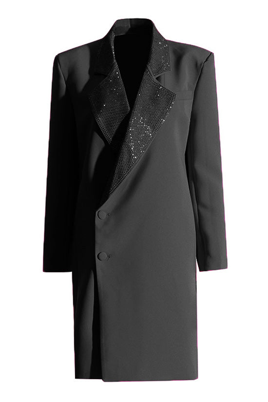 Sparkly Lapel Padded Long Sleeve Button Down Rhinestone Long Blazer - Blazers - DYAVOR®