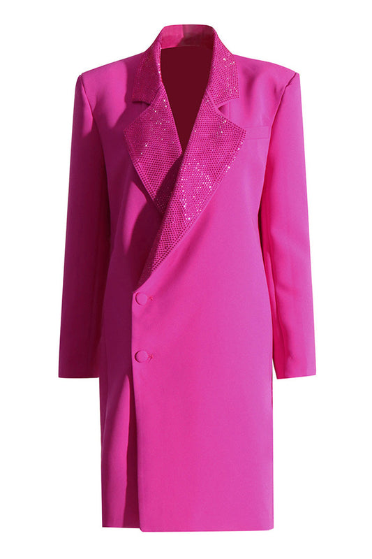 Sparkly Lapel Padded Long Sleeve Button Down Rhinestone Long Blazer - Blazers - DYAVOR®