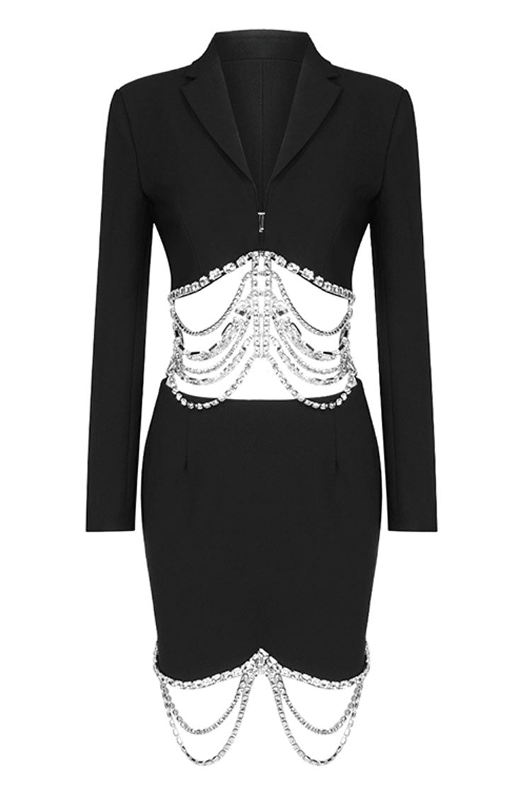 Sparkly Layered Rhinestone Crop Blazer Two Piece Mini Dress - Black - Two Piece - DYAVOR®