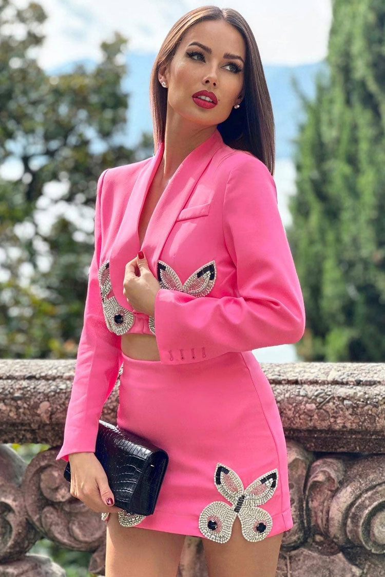 Sparkly Rhinestone Butterfly Lapel Cropped Blazer Two Piece Mini Dress - Pink - Two Piece - DYAVOR®