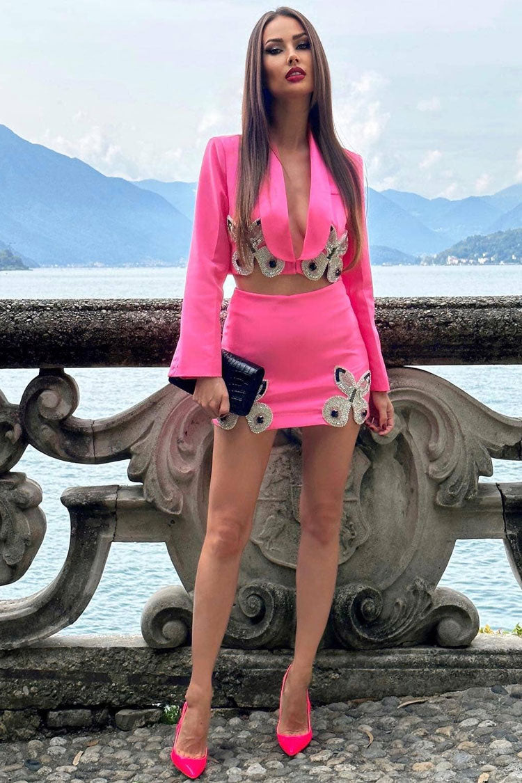 Sparkly Rhinestone Butterfly Lapel Cropped Blazer Two Piece Mini Dress - Pink - Two Piece - DYAVOR®