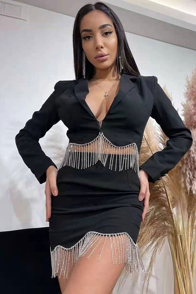 Sparkly Rhinestone Fringe Crop Blazer High Waist Skirt Two Piece Mini Dress - Black - Two Piece - DYAVOR®