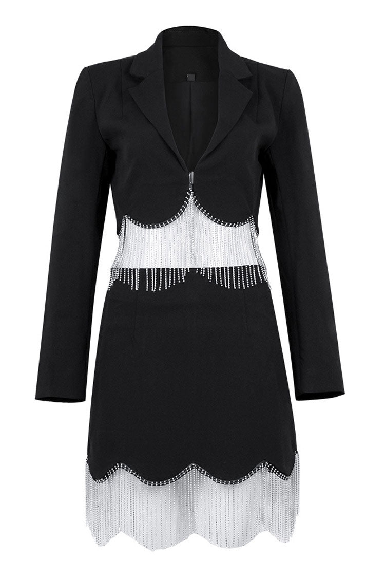 Sparkly Rhinestone Fringe Crop Blazer High Waist Skirt Two Piece Mini Dress - Black - Two Piece - DYAVOR®
