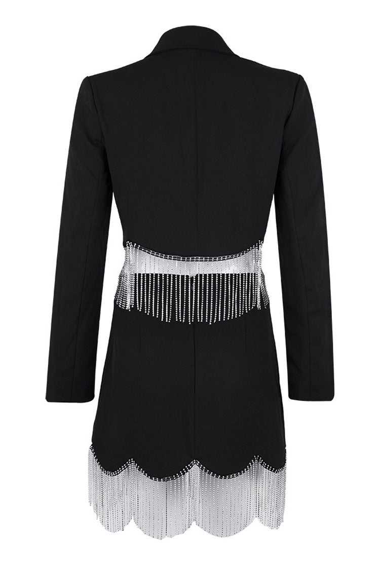 Sparkly Rhinestone Fringe Crop Blazer High Waist Skirt Two Piece Mini Dress - Black - Two Piece - DYAVOR®