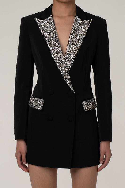 Sparkly Rhinestone Notch Lapel Double Breasted Cinched Waist Long Blazer - Blazers - DYAVOR®