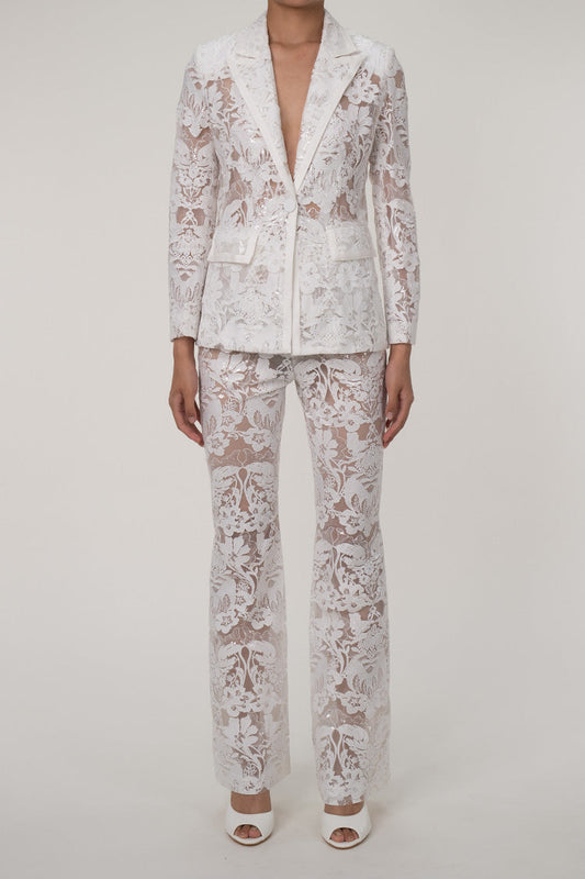 Sparkly Sequin Floral Embroidered Flared Pants Two Piece Sheer Blazer Set - Matching Sets - DYAVOR®