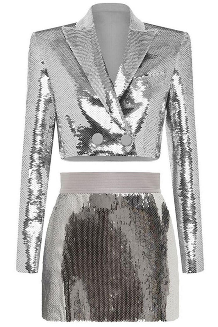 Sparkly Sequin Lapel Collar Cropped Blazer Two Piece Mini Dress - Silver - Two Piece - DYAVOR®