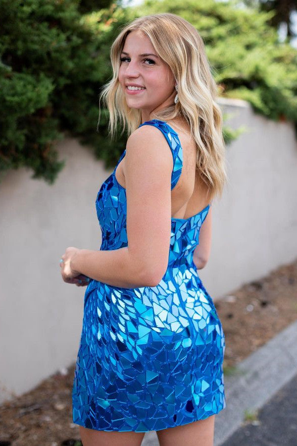 Luz | Sparkly Silver Scoop Neck Mirror Tight Short Homecoming Dress - Homecoming Dress - DYAVOR®