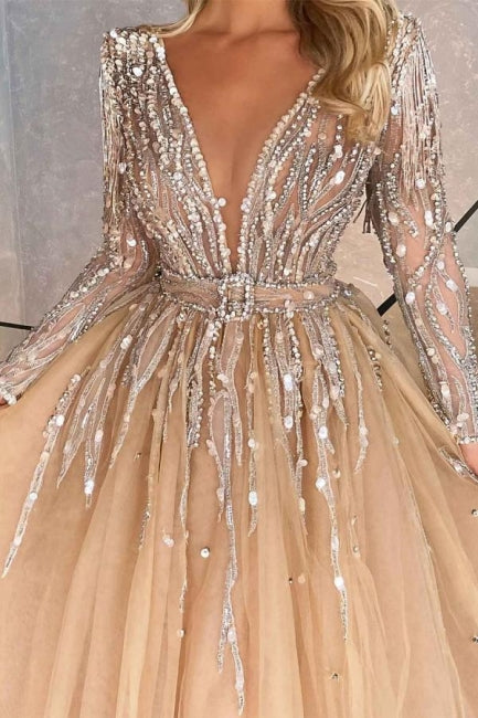 Sparkly V-neck A-line Long Sleeves Ball Gown Prom Dresses With Beads - Prom Dresses - DYAVOR®