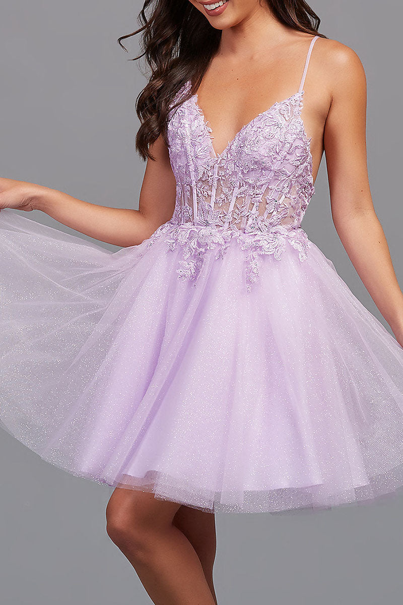 Althea |A-Line Backless Tulle Appliqued Homecoming Dress - Homecoming Dress - DYAVOR®