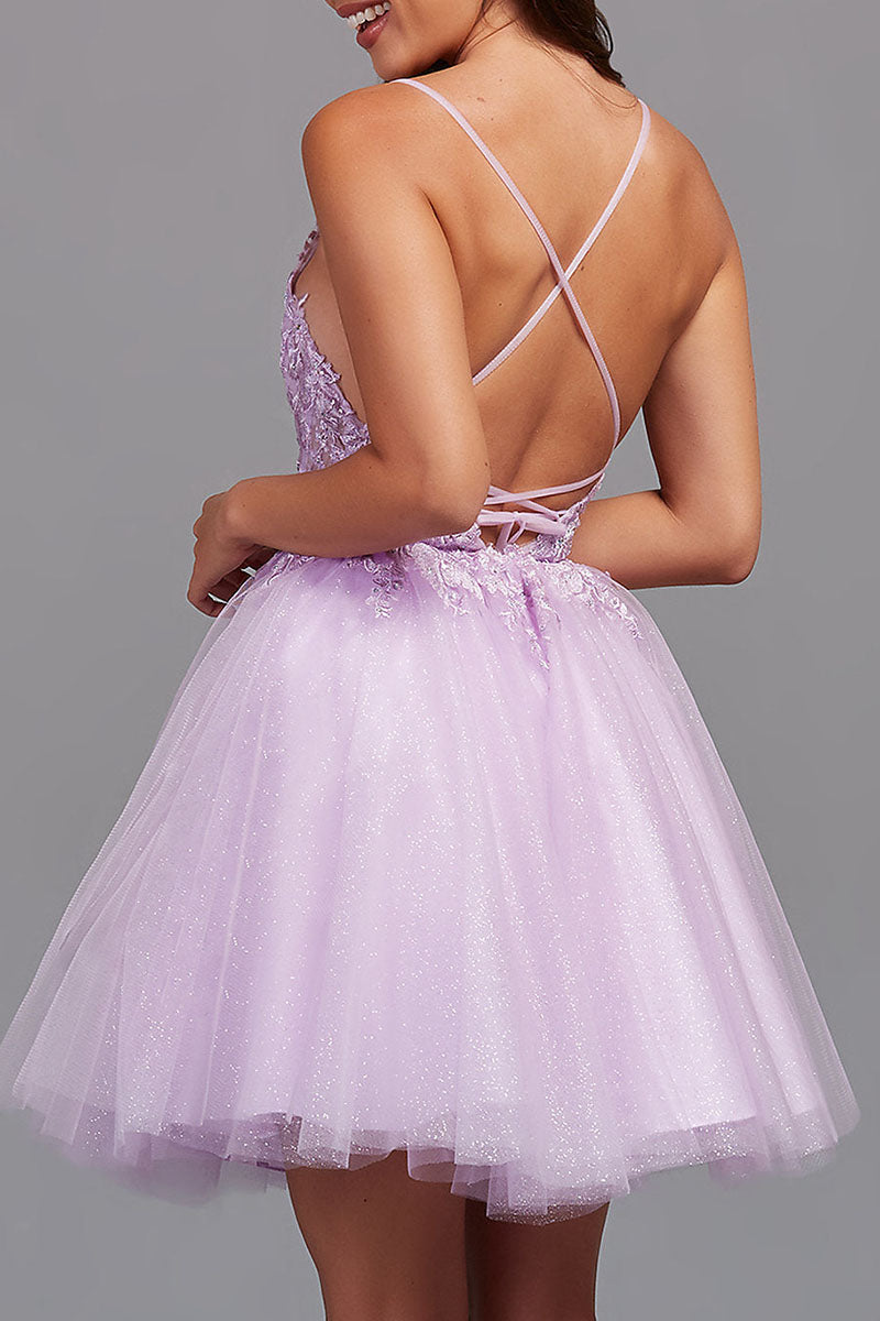 Althea |A-Line Backless Tulle Appliqued Homecoming Dress - Homecoming Dress - DYAVOR®