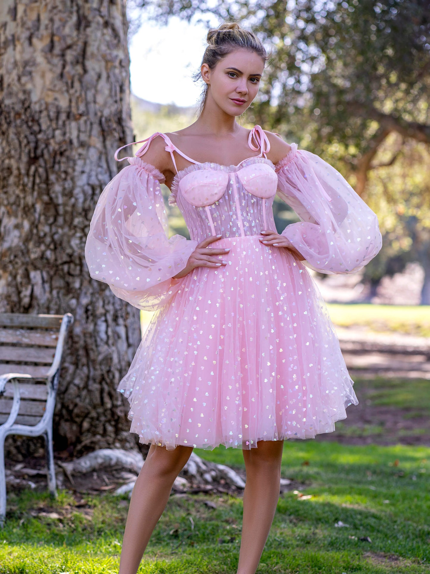 Corset Glitter Hearts Above Knee Length Tulle Dress - Homecoming Dress - DYAVOR®