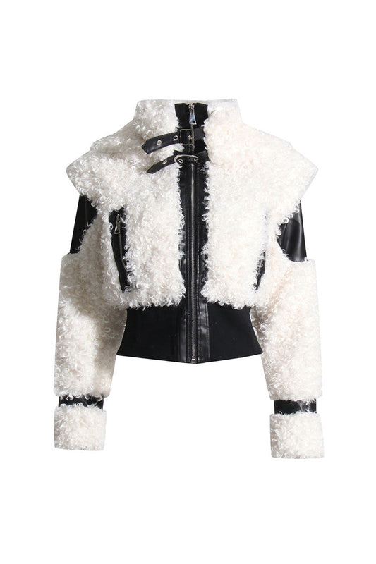 Street Leather Panel High Neck Zip Up Faux Shearling Bomber Jacket - Coats - DYAVOR®