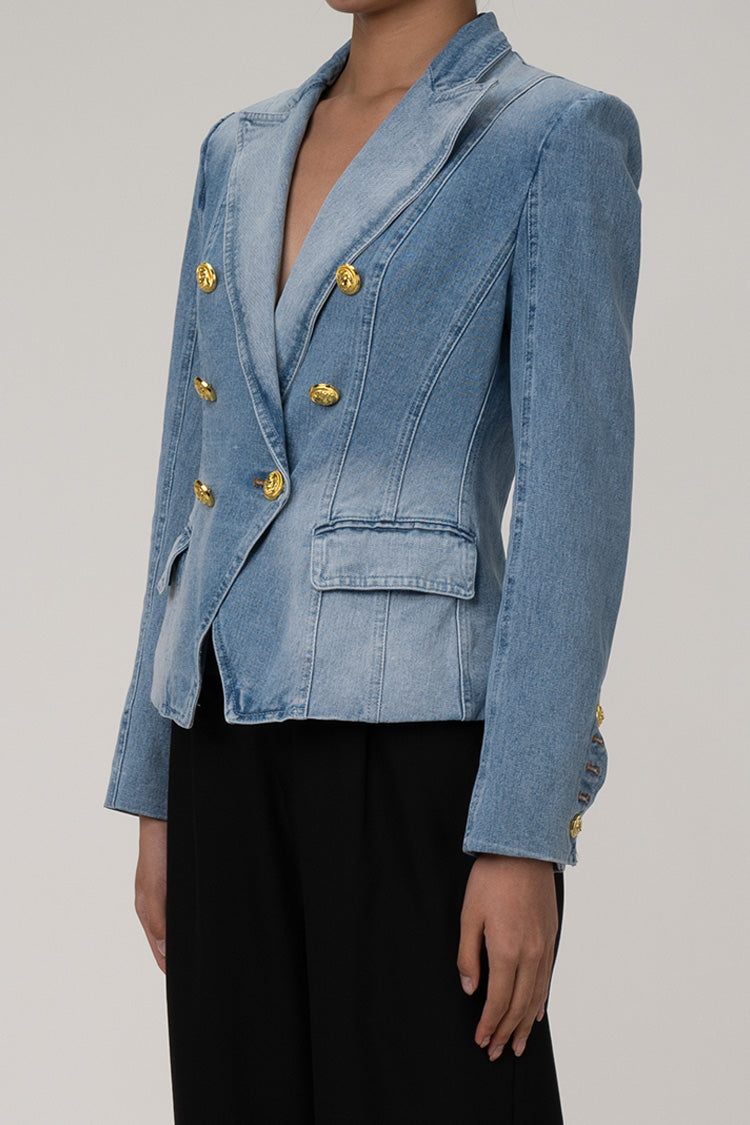 Structural Shoulder Pad Lapel Double Breasted Cinch Waist Faded Denim Blazer - Denim - DYAVOR®