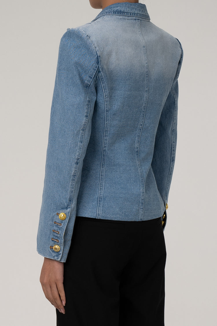 Structural Shoulder Pad Lapel Double Breasted Cinch Waist Faded Denim Blazer - Denim - DYAVOR®