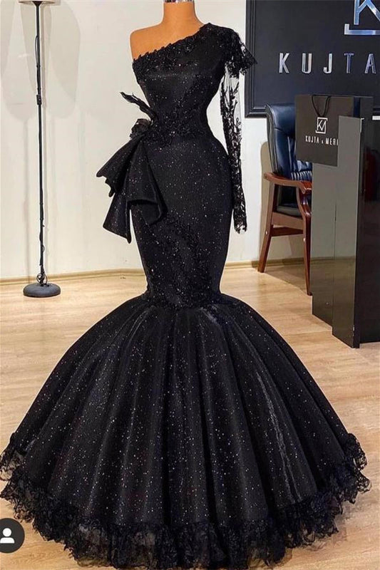 Stunning Black Glitter Mermaid Prom Dress Long Sleeves with Floral Lace Slim Party Dress - Prom Dresses - DYAVOR®