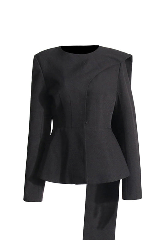 Stylish Crew Neck Draped Scarf Long Sleeve Cinch Waist Peplum Blazer - Blazers - DYAVOR®