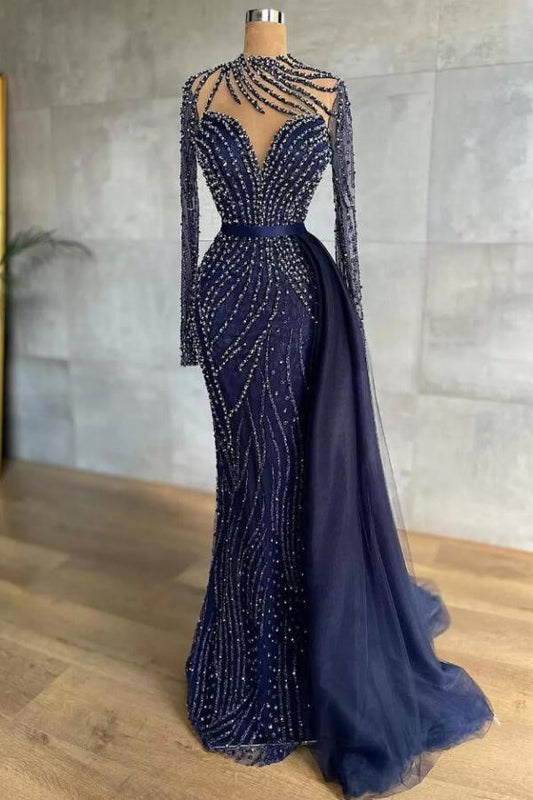 Stylish High Neck Navy Mermaid Evening Dress with Detachable Tulle Train Crystals Beads Long Prom Dress - Prom Dresses - DYAVOR®