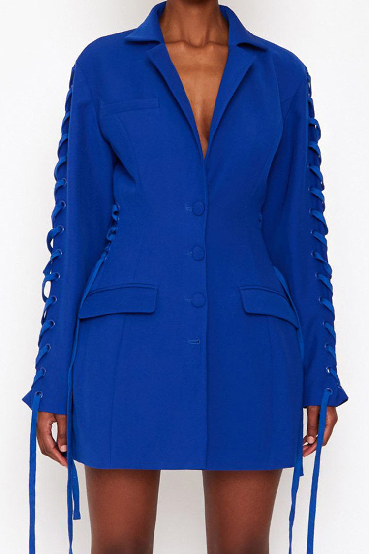 Stylish Long Sleeve Lace Up Lapel Fit & Flare Blazer Mini Dress - Blue - Blazer - DYAVOR®
