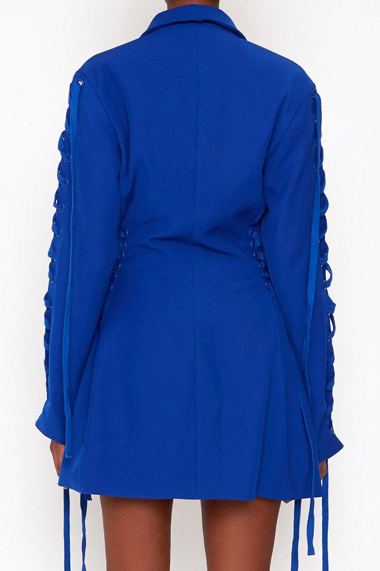 Stylish Long Sleeve Lace Up Lapel Fit & Flare Blazer Mini Dress - Blue - Blazer - DYAVOR®