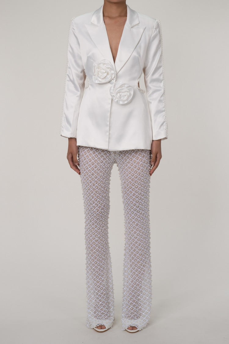 Sumptuous Beaded Cut Out Sheer Sequin Pant Two Piece Rosette Blazer Set - Matching Sets - DYAVOR®