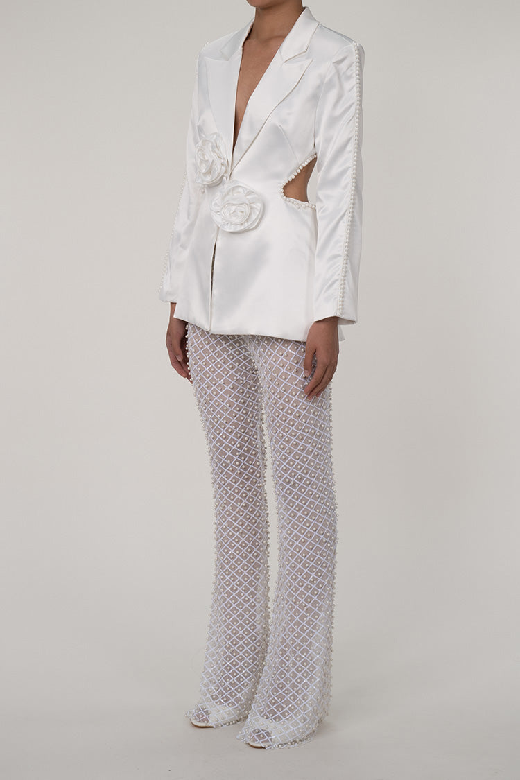 Sumptuous Beaded Cut Out Sheer Sequin Pant Two Piece Rosette Blazer Set - Matching Sets - DYAVOR®