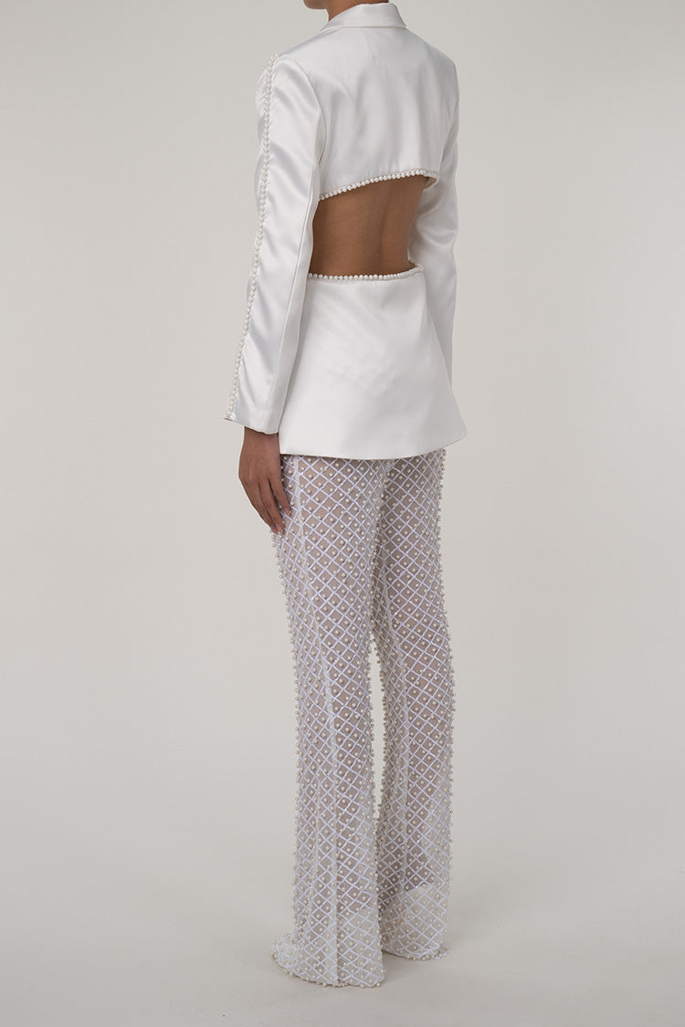 Sumptuous Beaded Cut Out Sheer Sequin Pant Two Piece Rosette Blazer Set - Matching Sets - DYAVOR®