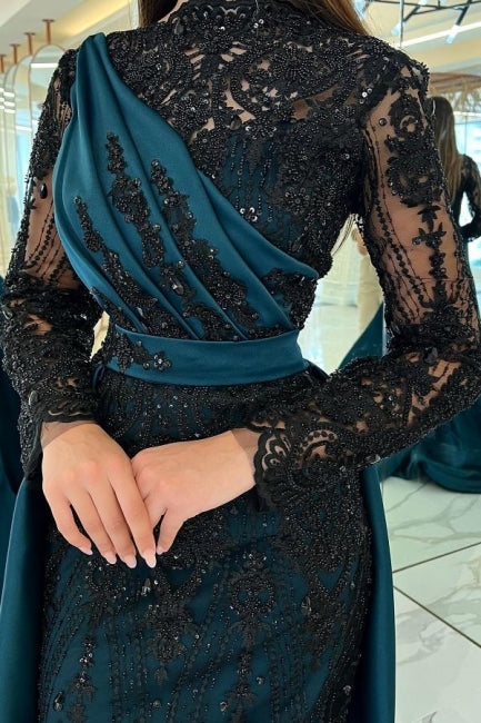 Turkish Mermaid High Neck Long Sleeves Evening Dresses With Black Lace - Prom Dresses - DYAVOR®