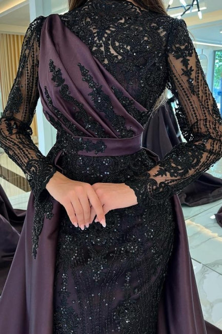 Turkish Mermaid High Neck Long Sleeves Evening Dresses With Black Lace - Prom Dresses - DYAVOR®