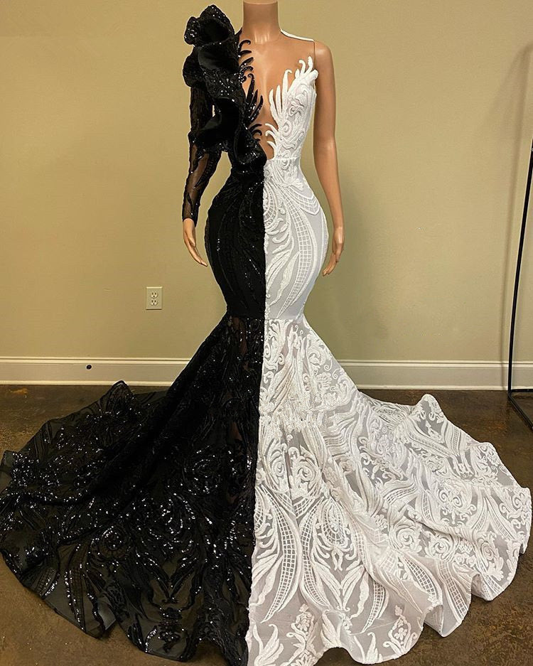 Unique Bicolor V-neck One Shoulder Long Sleeve Column Mermaid Prom Dresses - Prom Dresses - DYAVOR®