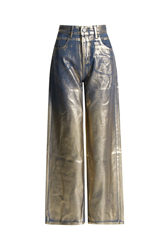 Unique Metallic Foil Coated Blue and Gold High Waist Wide Leg Baggy Jeans - Denim - DYAVOR®