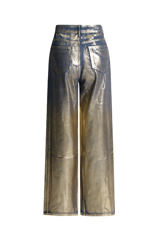 Unique Metallic Foil Coated Blue and Gold High Waist Wide Leg Baggy Jeans - Denim - DYAVOR®