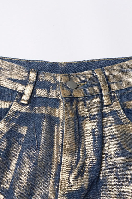 Unique Metallic Foil Coated Blue and Gold High Waist Wide Leg Baggy Jeans - Denim - DYAVOR®
