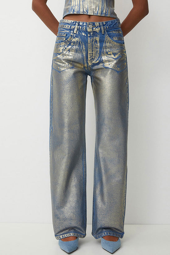 Unique Metallic Foil Coated Blue and Gold High Waist Wide Leg Baggy Jeans - Denim - DYAVOR®