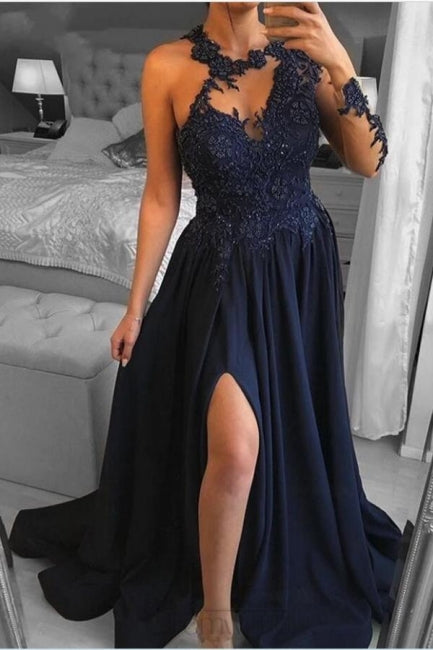 Unique One-shoulder Long-Sleeve A-Line Floor-Length Chiffon Prom Dresses with Appliques - Prom Dresses - DYAVOR®