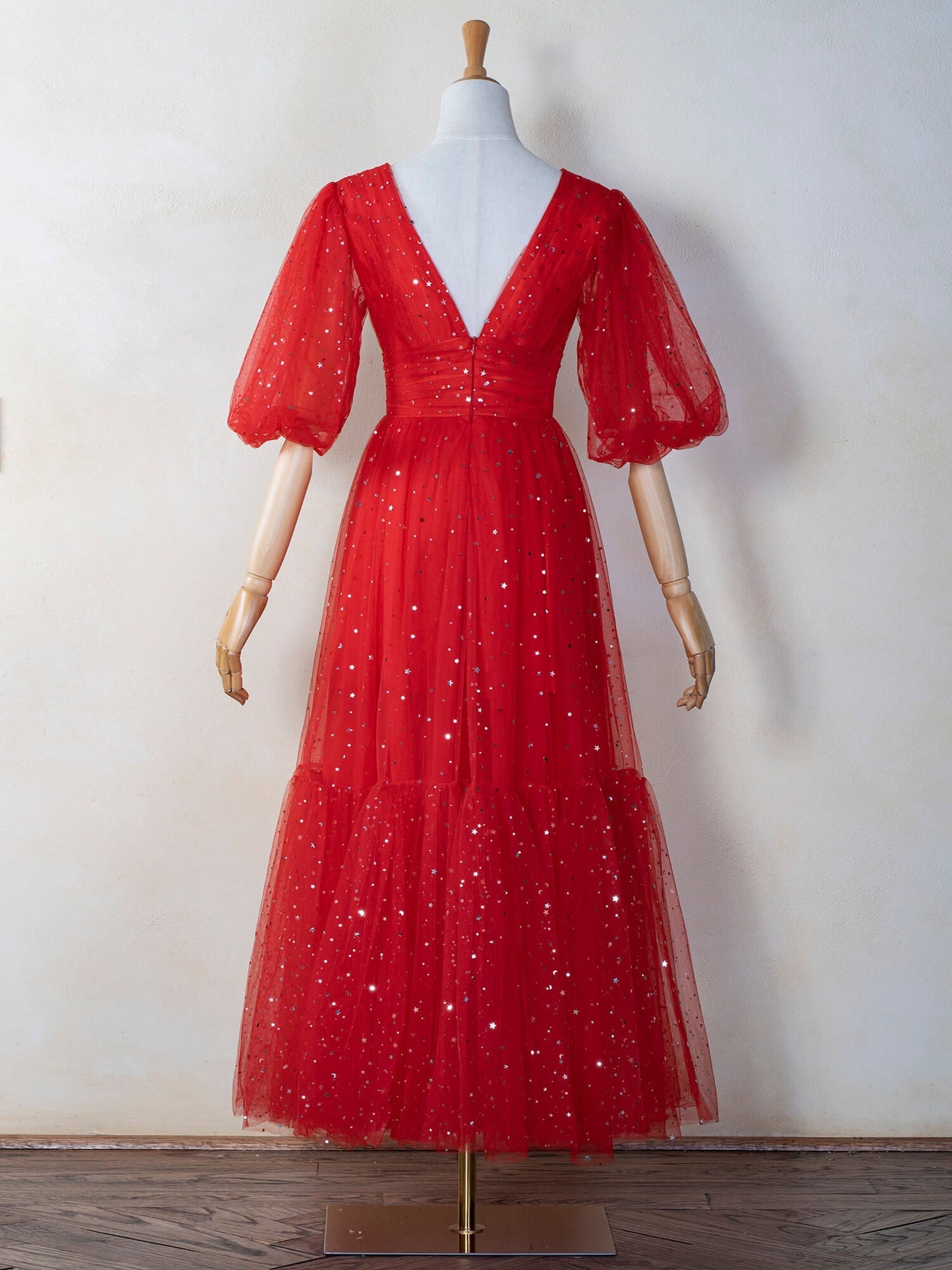 V-neck Glitter Tea Length Tulle Prom Dress - Prom Dresses - DYAVOR®