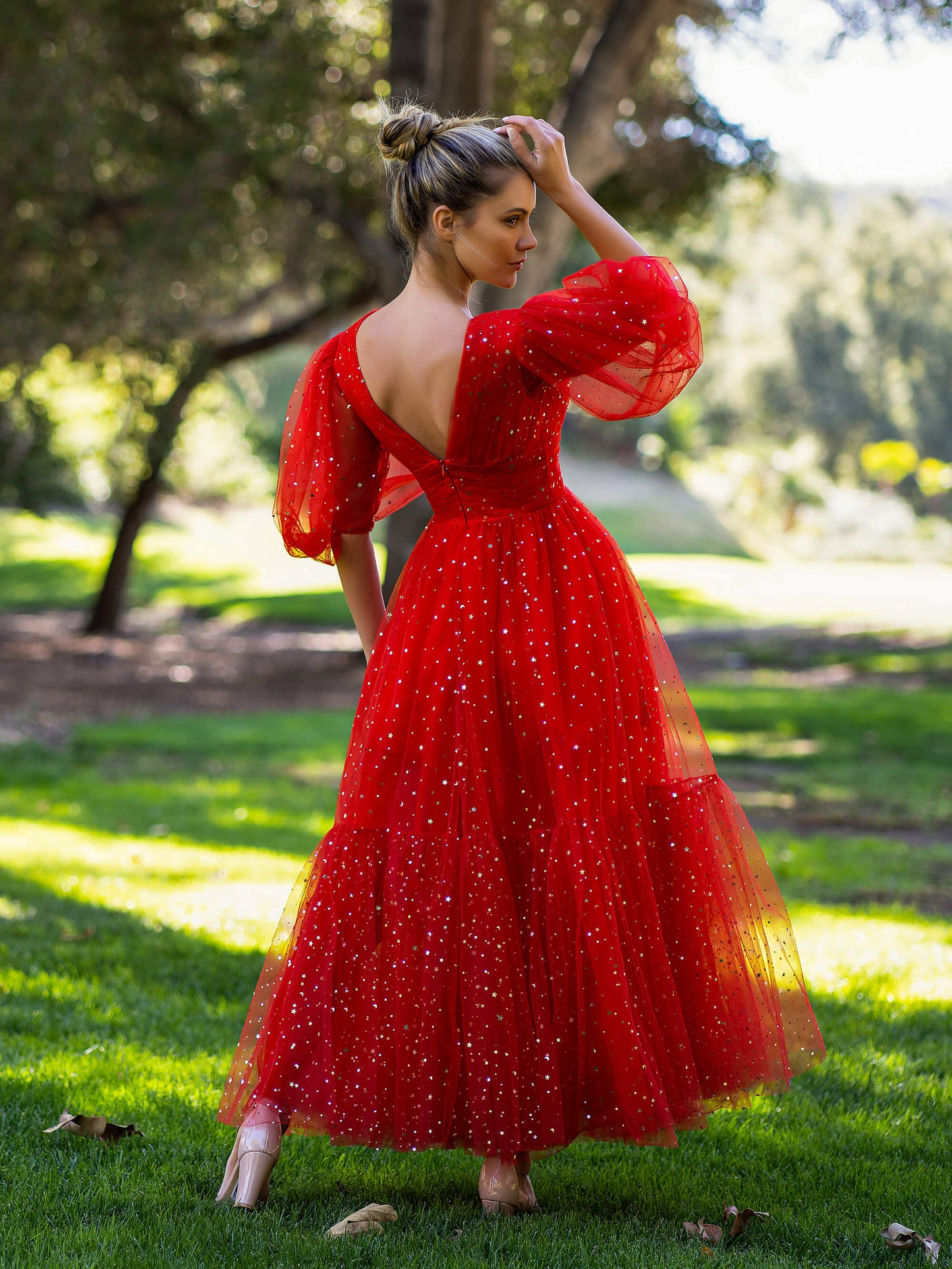 V-neck Glitter Tea Length Tulle Prom Dress - Prom Dresses - DYAVOR®