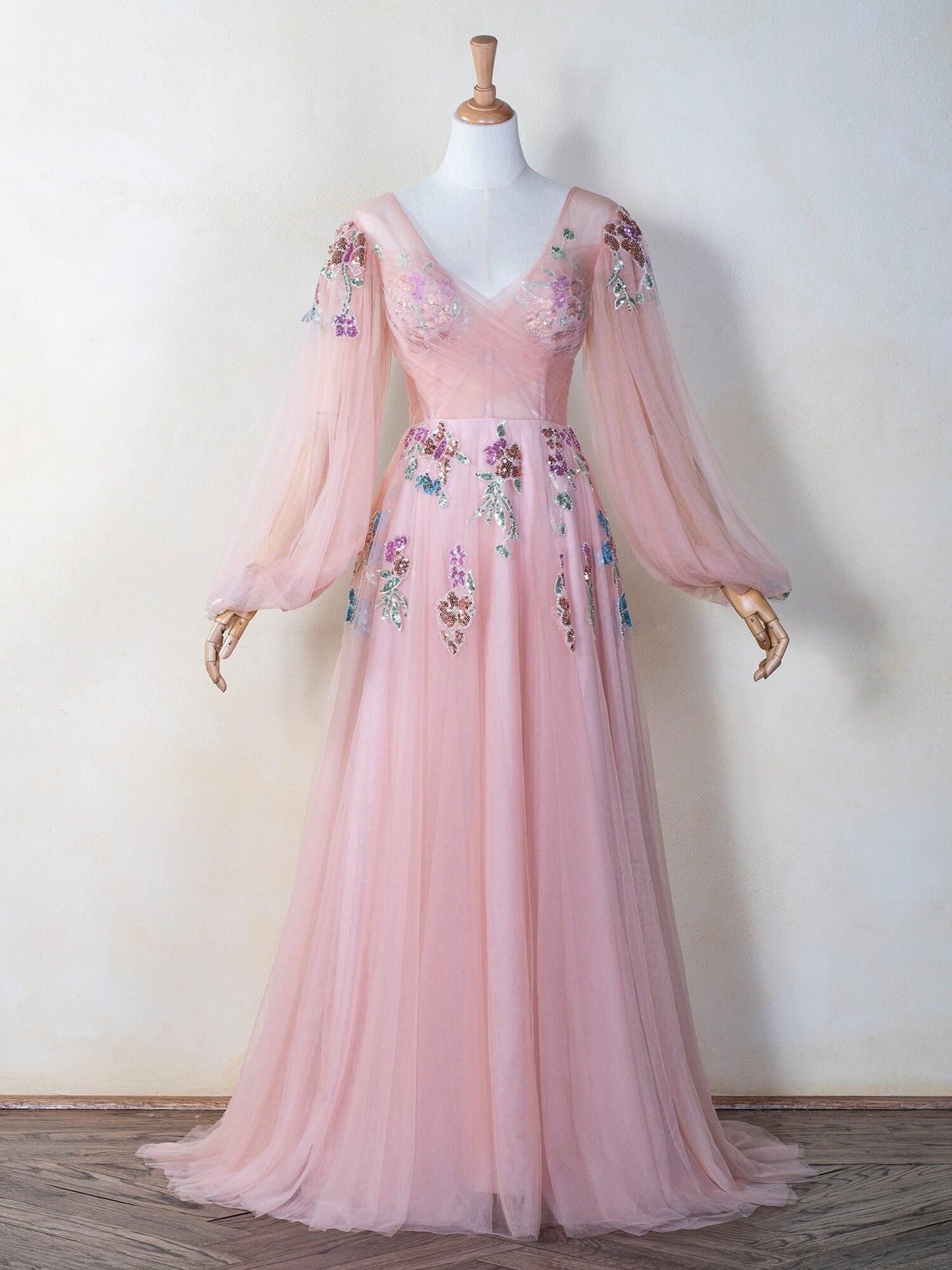 V-neck Embroidery Sequin Floor Length Tulle Prom Dress - Prom Dresses - DYAVOR®