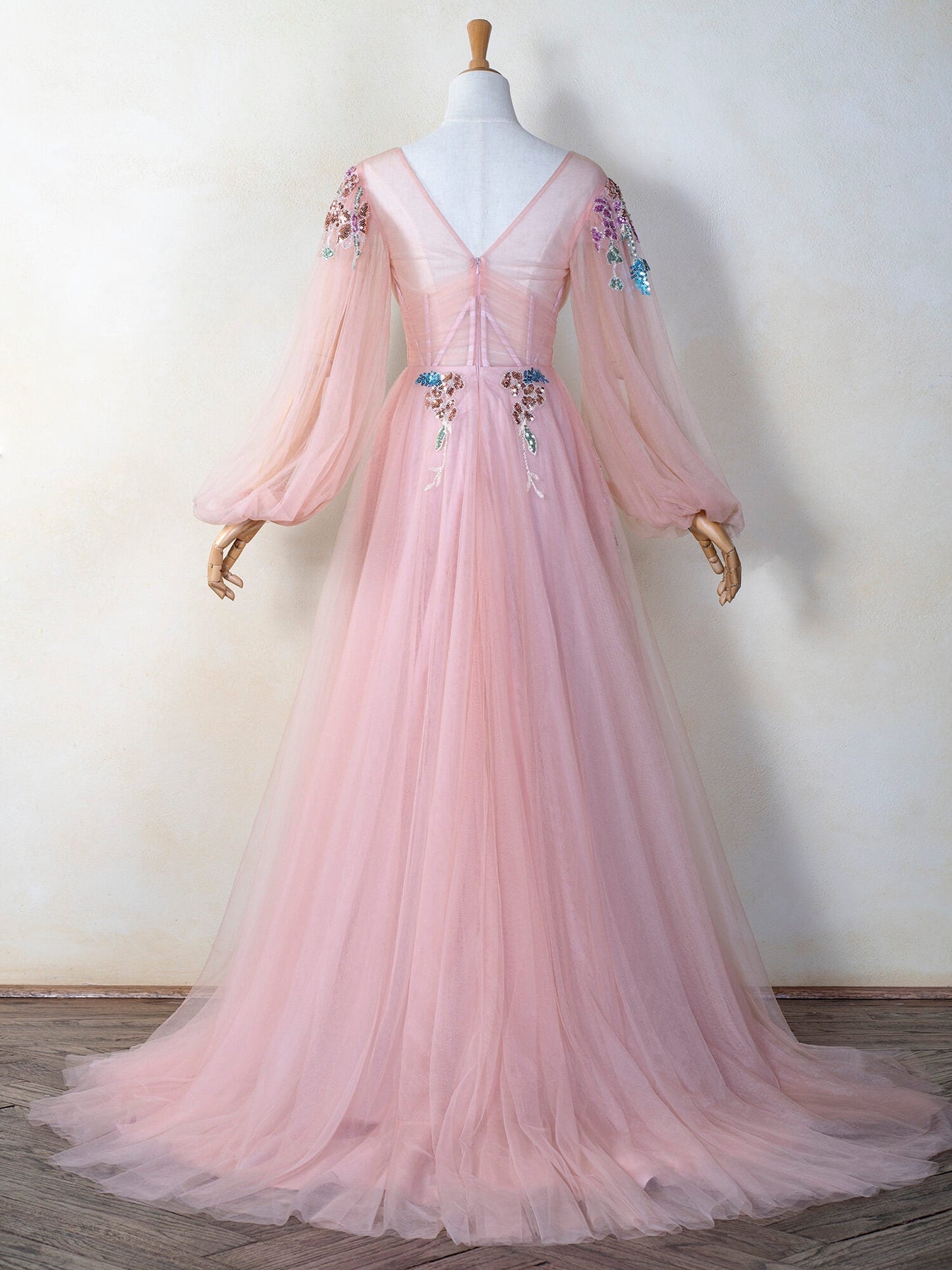 V-neck Embroidery Sequin Floor Length Tulle Prom Dress - Prom Dresses - DYAVOR®