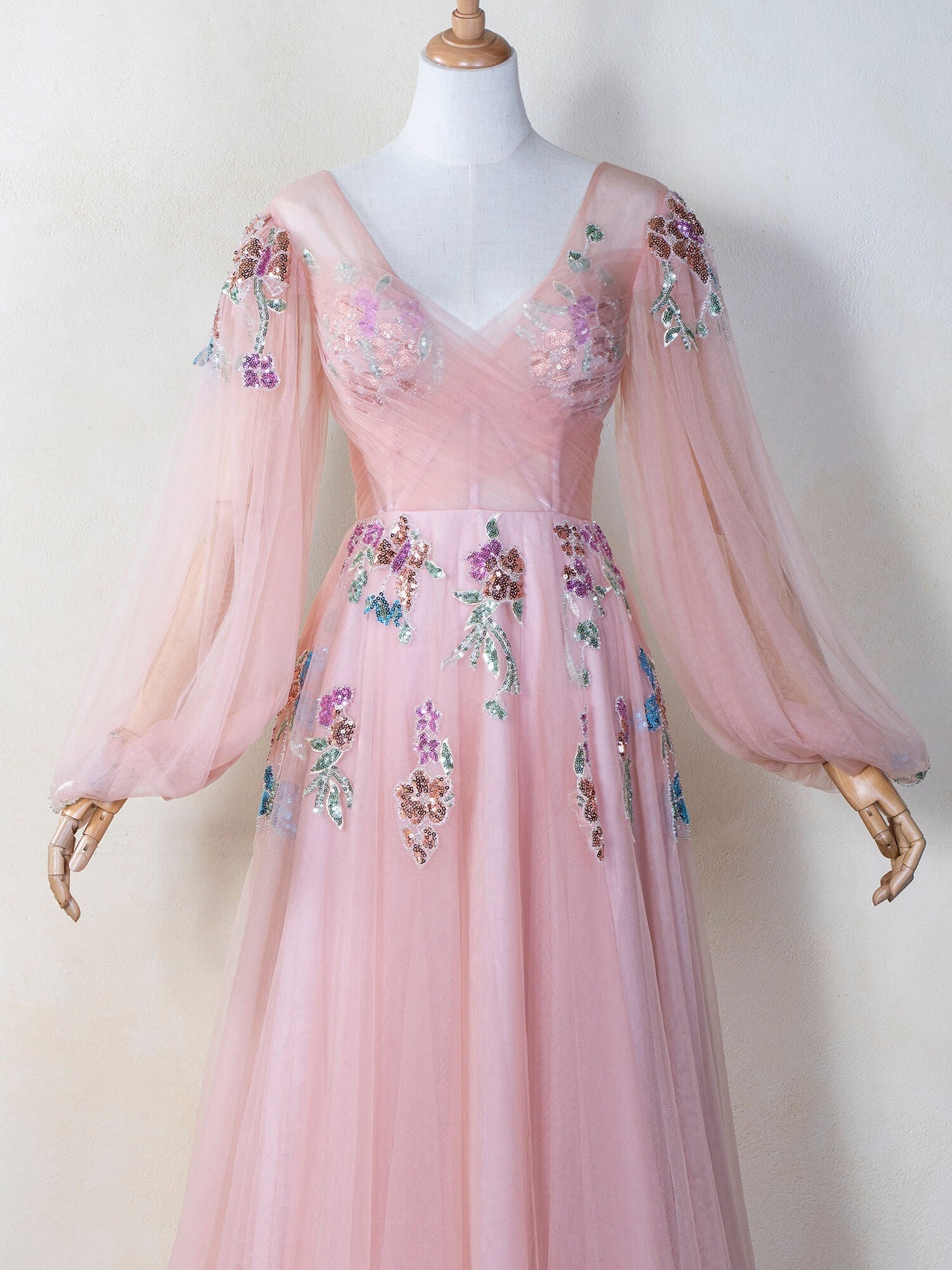 V-neck Embroidery Sequin Floor Length Tulle Prom Dress - Prom Dresses - DYAVOR®