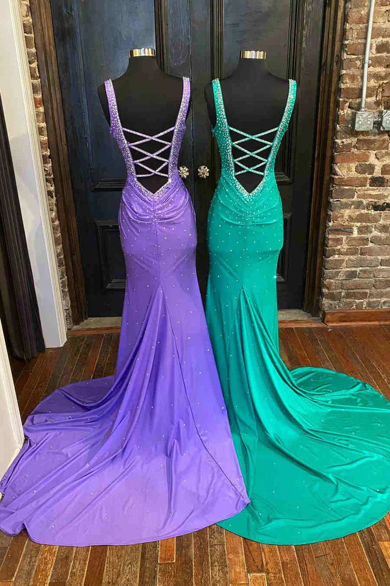 Elle |Mermaid V-Neck Beaded Satin Prom Dress with Cross Back - Prom Dress - DYAVOR®