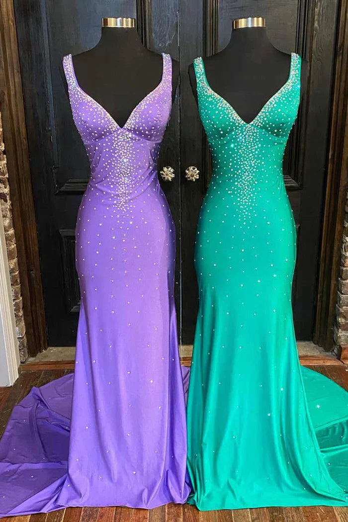 Elle |Mermaid V-Neck Beaded Satin Prom Dress with Cross Back - Prom Dress - DYAVOR®