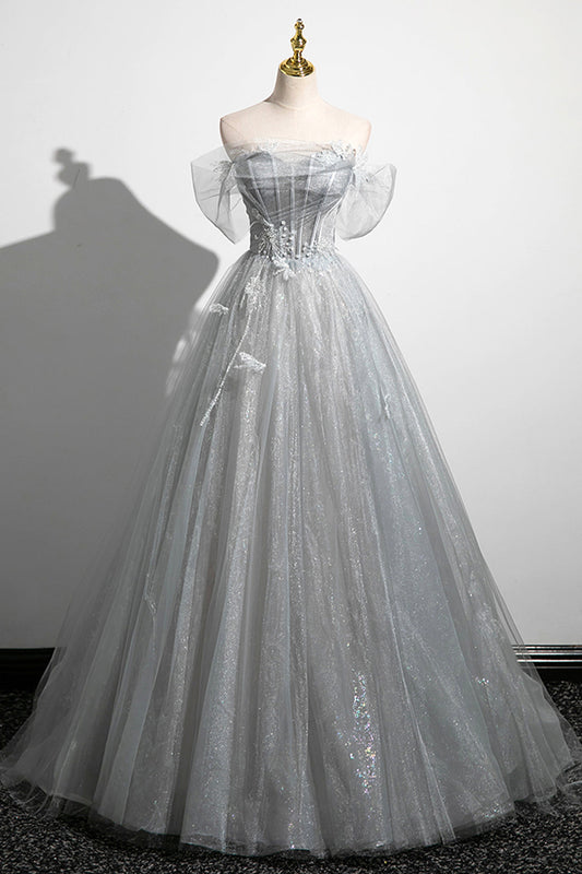 Tiana | Gray A-Line Off the Shoulder Tulle Prom Dress, Lovely Corset Floor Length Party Dress - Prom Dress - DYAVOR®