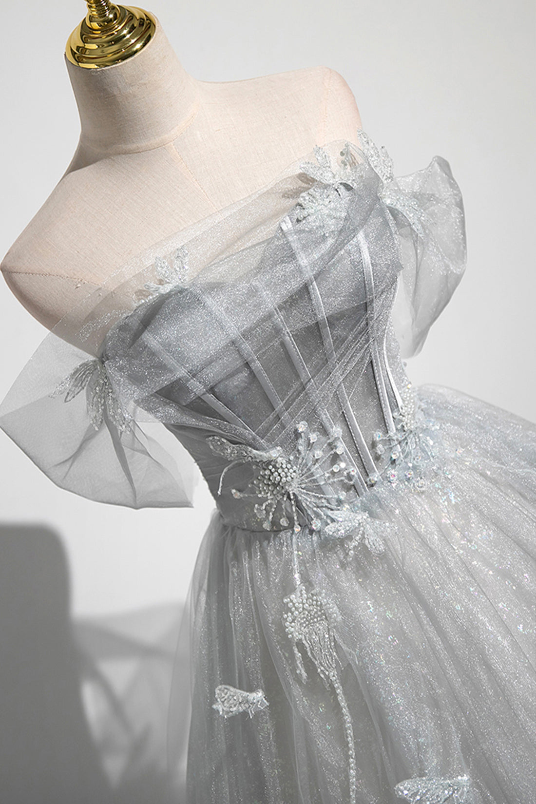 Tiana | Gray A-Line Off the Shoulder Tulle Prom Dress, Lovely Corset Floor Length Party Dress - Prom Dress - DYAVOR®