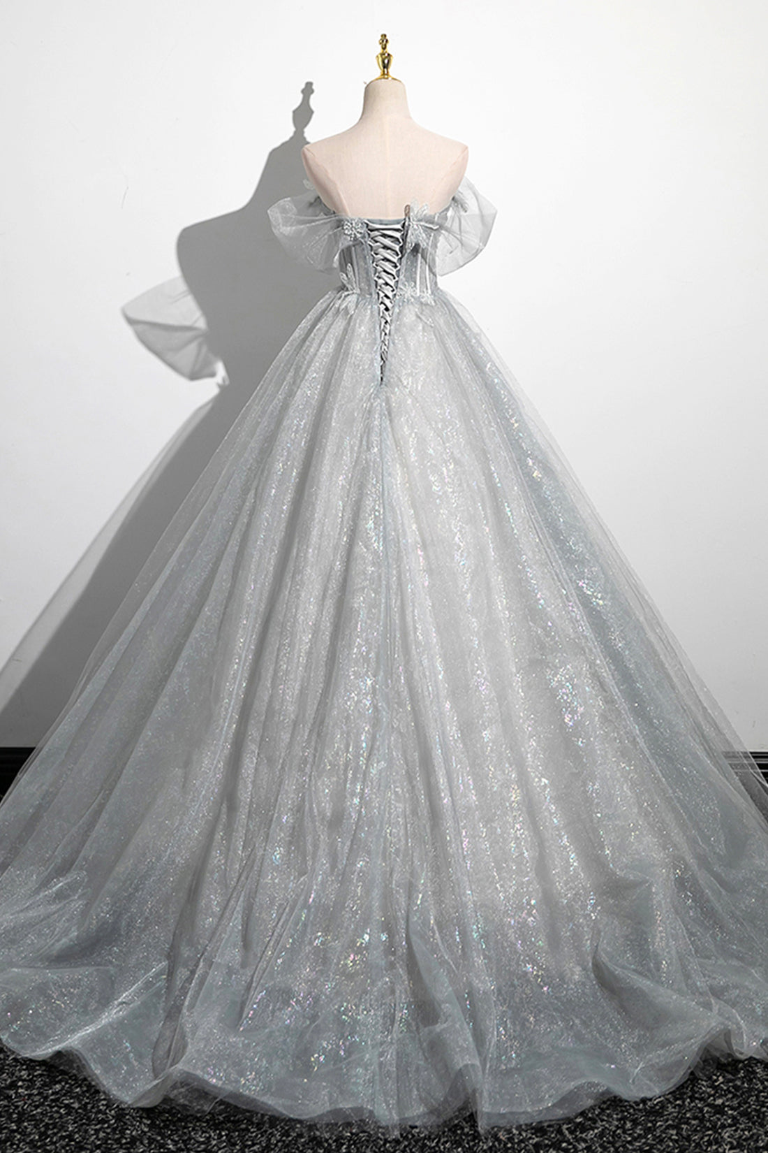 Tiana | Gray A-Line Off the Shoulder Tulle Prom Dress, Lovely Corset Floor Length Party Dress - Prom Dress - DYAVOR®