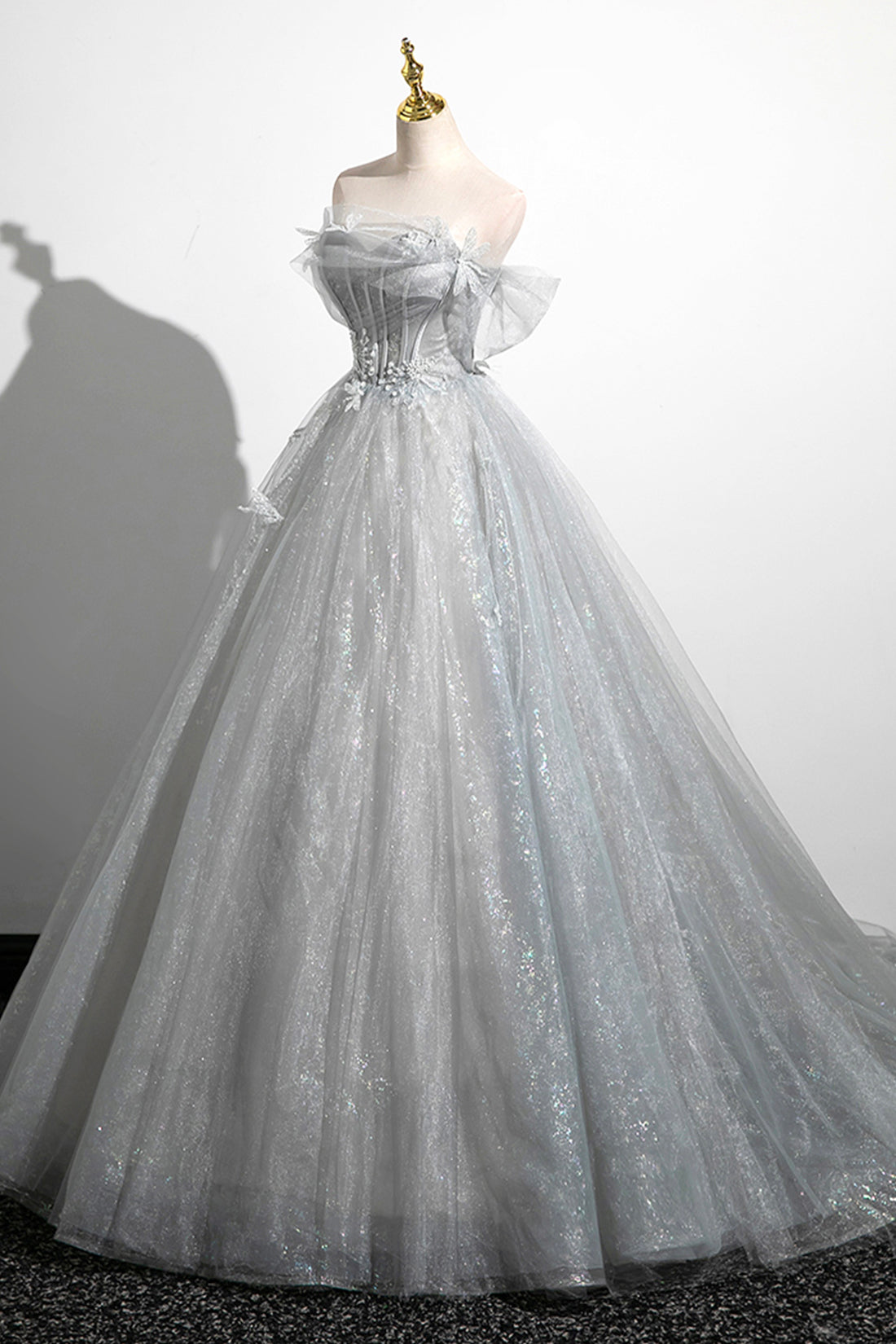 Tiana | Gray A-Line Off the Shoulder Tulle Prom Dress, Lovely Corset Floor Length Party Dress - Prom Dress - DYAVOR®