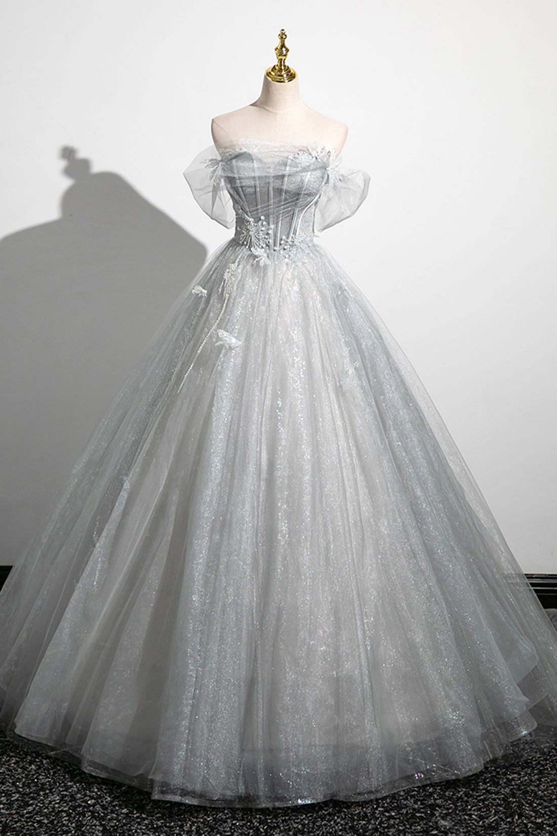 Tiana | Gray A-Line Off the Shoulder Tulle Prom Dress, Lovely Corset Floor Length Party Dress - Prom Dress - DYAVOR®