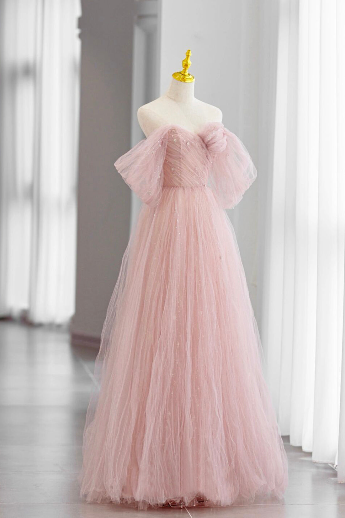 Adalee | Pink Tulle Floor Length Prom Dress, Cute A-Line Evening Party Dress - Prom Dress - DYAVOR®