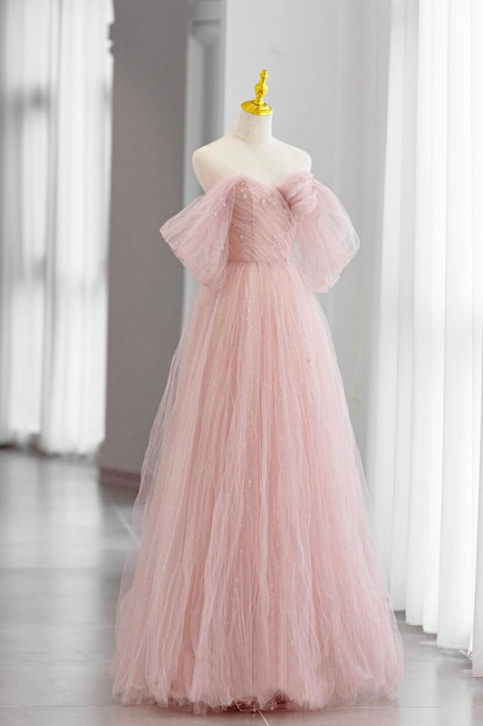 Adalee | Pink Tulle Floor Length Prom Dress, Cute A-Line Evening Party Dress - Prom Dress - DYAVOR®